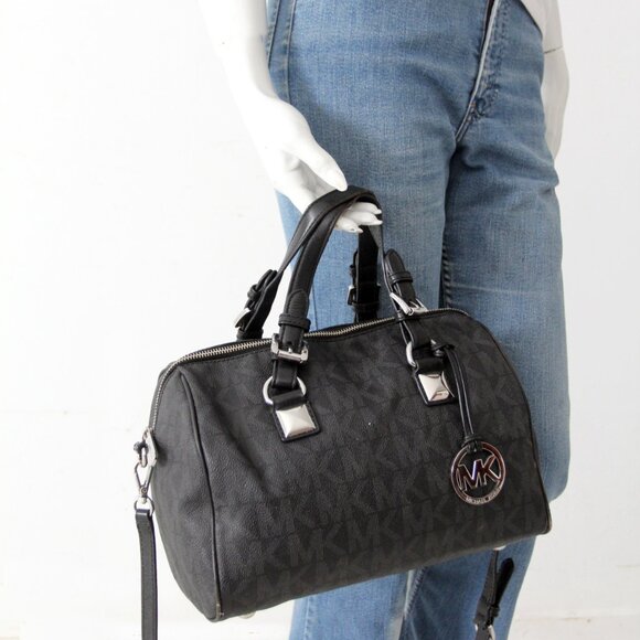 Michael Kors Grayson Medium Satchel Black Signature MK Monogram Logo Handbag - Picture 11 of 15